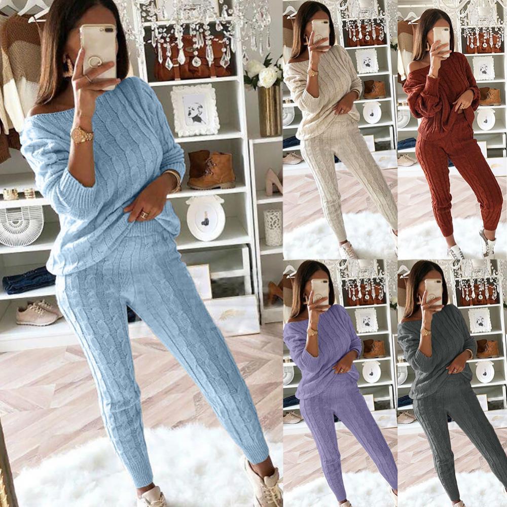 2pcs/Set Knitted Outfit (Drawstring Pants, One Shoulder Sweater