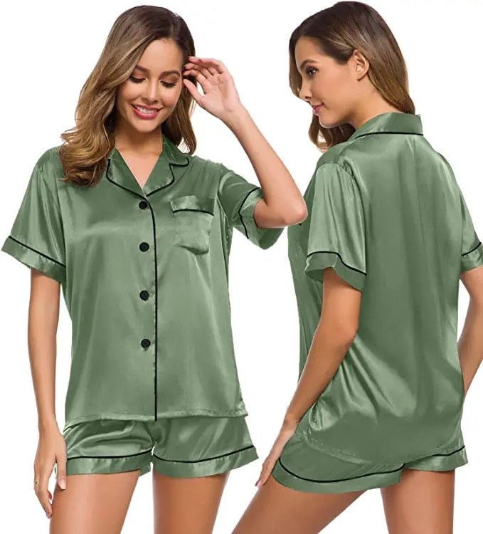 Satin Pajamas Women's Short Sleeve Sleepwear Soft Silk Button Down Lou –  Linions