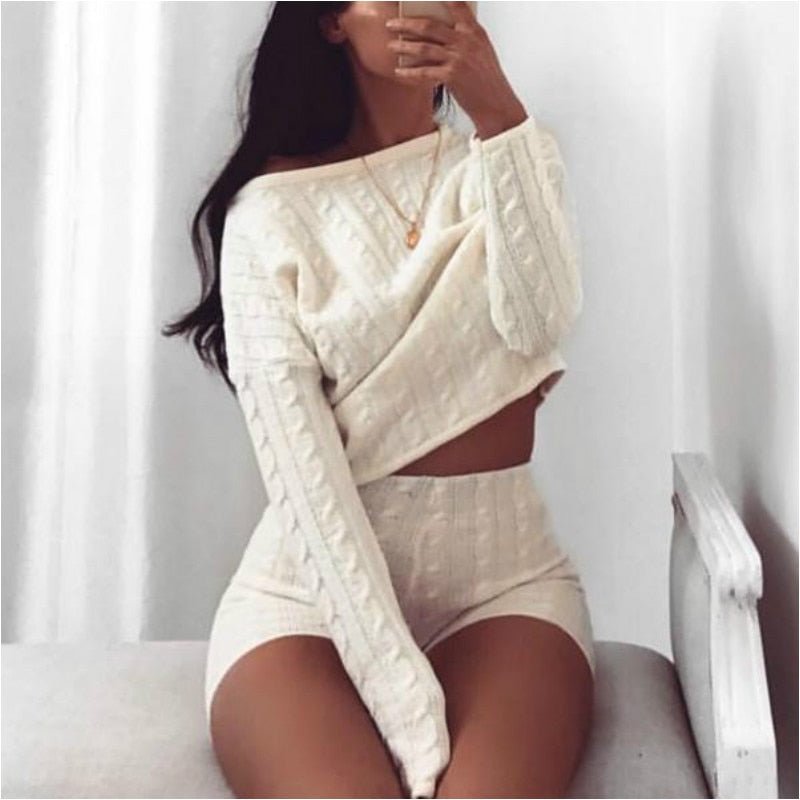 2pcs/Set Knitted Outfit (Drawstring Pants, One Shoulder Sweater