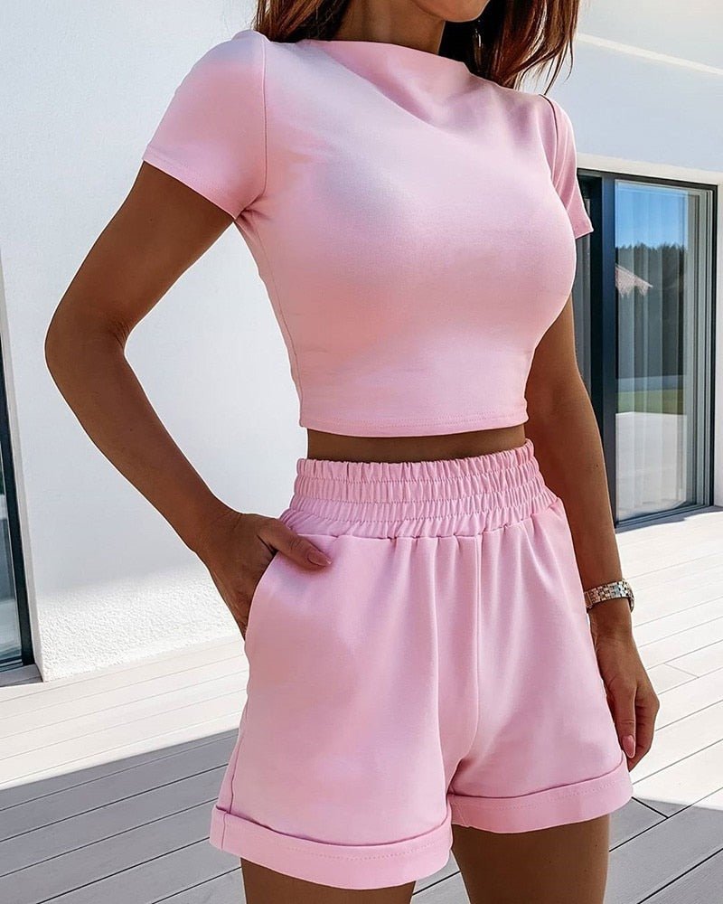 2 Piece Set Women Summer O-Neck Casual Crop Top 2020 Female Clothing Tracksuit Pockets Loose Shorts Two Piece - Linions