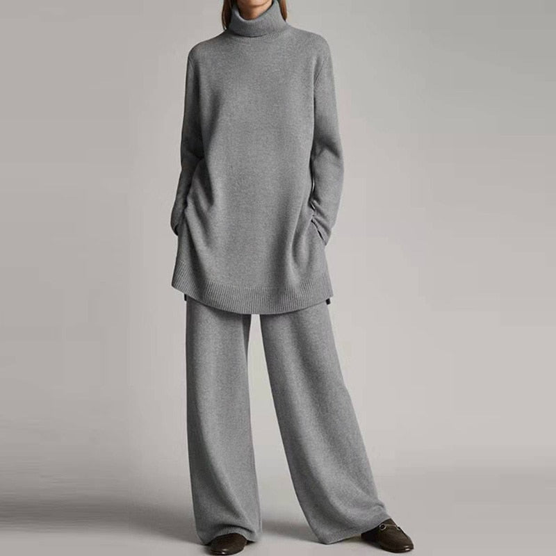 Posijego Womens 2 Piece Outfit Knit Sweater Set High Neck Long Sleeve Warm  Top Wide Leg Pants Lounge Suit 