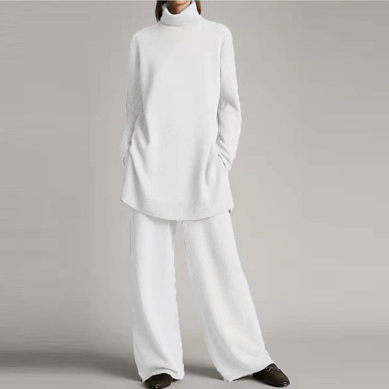 Autumn Winter Solid Lady Home Suit Fashion Soft Women Two Piece Set Casual  O-Neck Pullover Tops + Knitted Pants Homewear Pajama