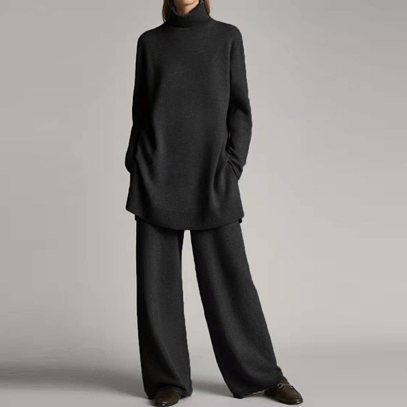 2-Piece Women's Loungewear Set (Loose, Long Sleeve, Turtleneck, Wide Leg Pants) - Linions