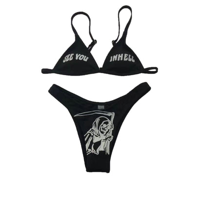 2021 European And American Independent Station Offset Printing Bikini Suit Sexy Breast Lift Devil Lady Split Swimsuit - Linions