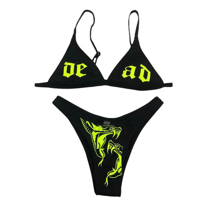 2021 European And American Independent Station Offset Printing Bikini Suit Sexy Breast Lift Devil Lady Split Swimsuit - Linions