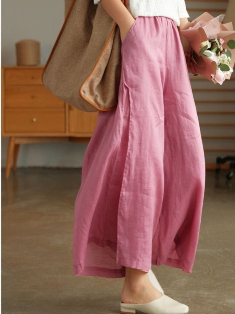 2023 Summer Women New Simple Loose Casual Cotton Linen Wide-leg Pants Solid Color Straight All-match Women's Nine-point - Linions