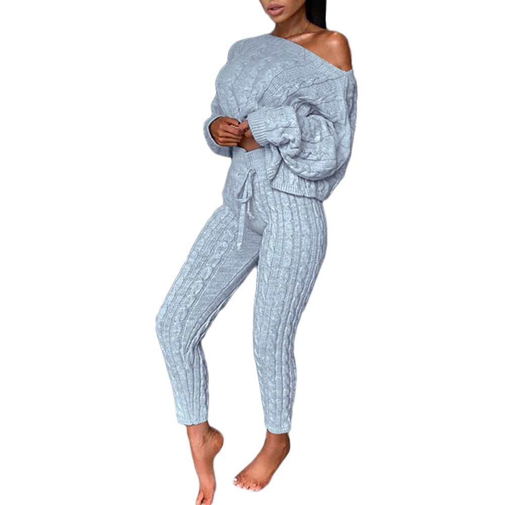 2pcs/Set Knitted Outfit (Drawstring Pants, One Shoulder Sweater) - Linions