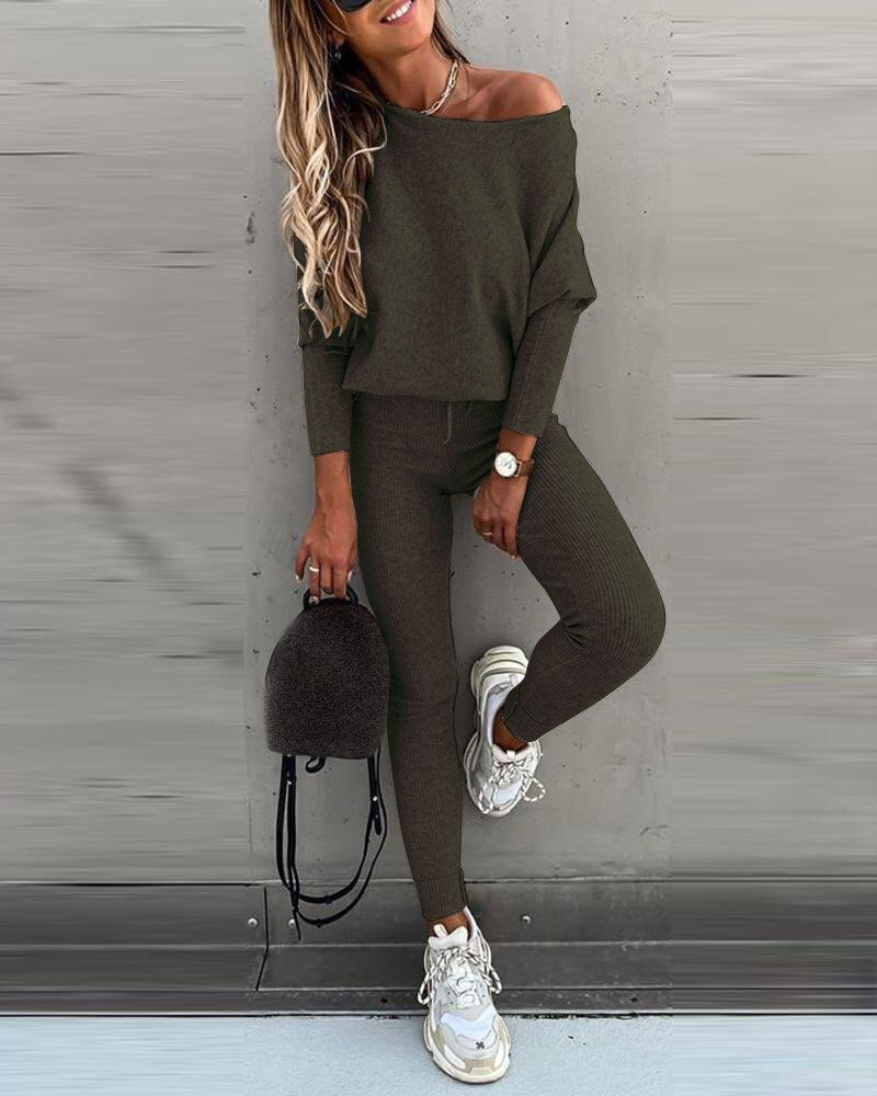 Solid Knitted Sweater Suit Two Piece Casual Drawstring Long Sleeve