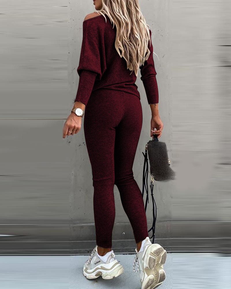 Solid Knitted Sweater Suit Two Piece Casual Drawstring Long Sleeve