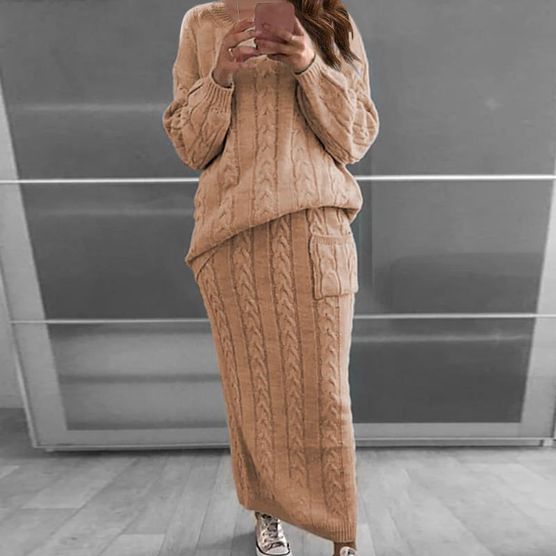 Autumn Winter Solid Lady Home Suit Fashion Soft Women Two Piece Set Casual  O-Neck Pullover Tops + Knitted Pants Homewear Pajama