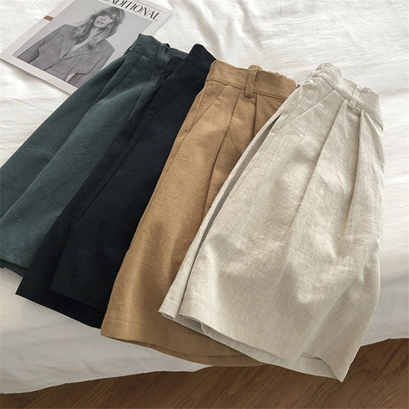 Breathable Cotton Linen Shorts Japanese Retro High Waist Wide Leg Bermuda Shorts Suit Casual Summer Woman Loose - Linions
