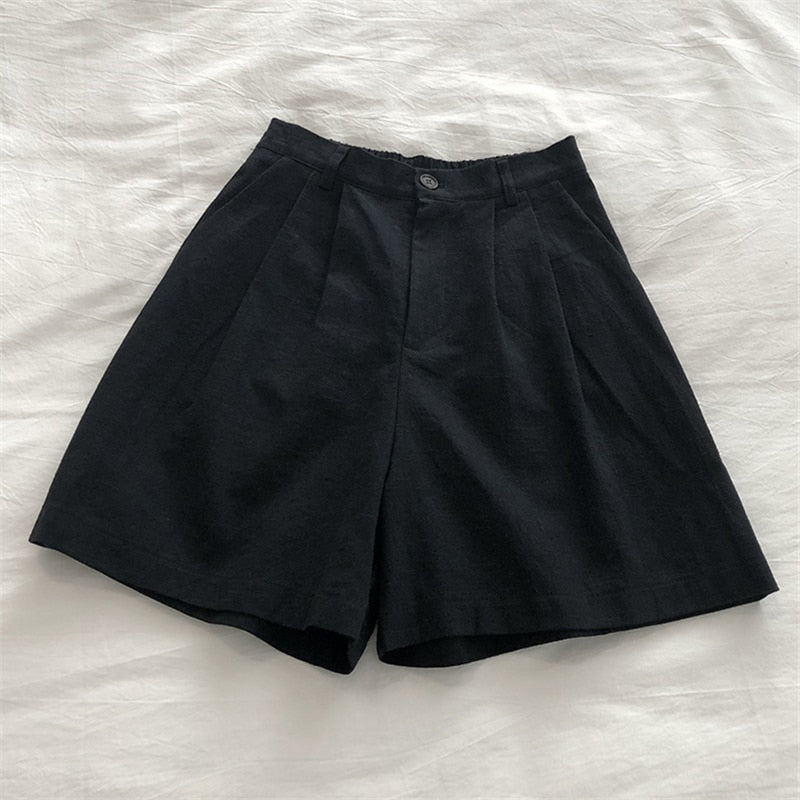 Breathable Cotton Linen Shorts Japanese Retro High Waist Wide Leg Bermuda Shorts Suit Casual Summer Woman Loose - Linions