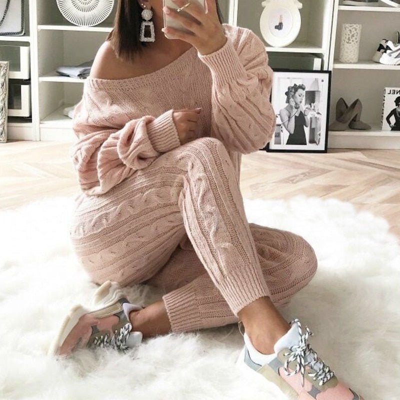 Casual and Warm Knitted Set: O-neck Sweater + Trousers
