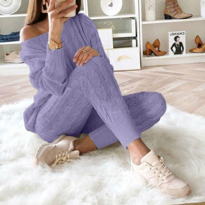 Casual and Warm Knitted Set (O-neck Sweater, Trousers) - Linions