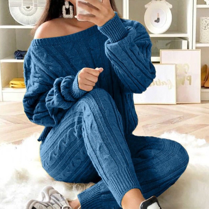 Casual and Warm Knitted Set (O-neck Sweater, Trousers) - Linions