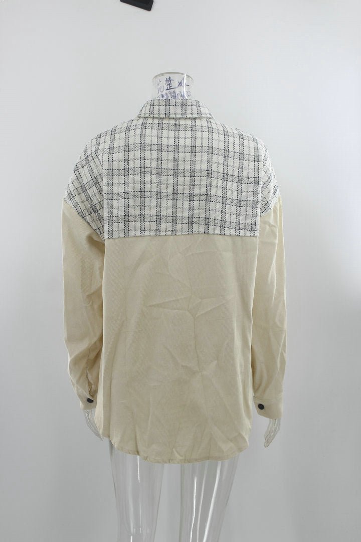 Casual Lapel Long Sleeve Pocket Plaid Splicing Corduroy Women's Jacket - Linions