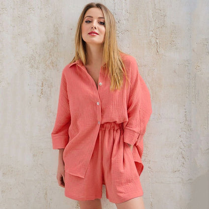 Casual Sleepwear Cotton Pajamas For Women Sets Suit Turn-Down Collar Nine Quarter Sleeve Sleep Tops Shorts Female Homewear - Linions