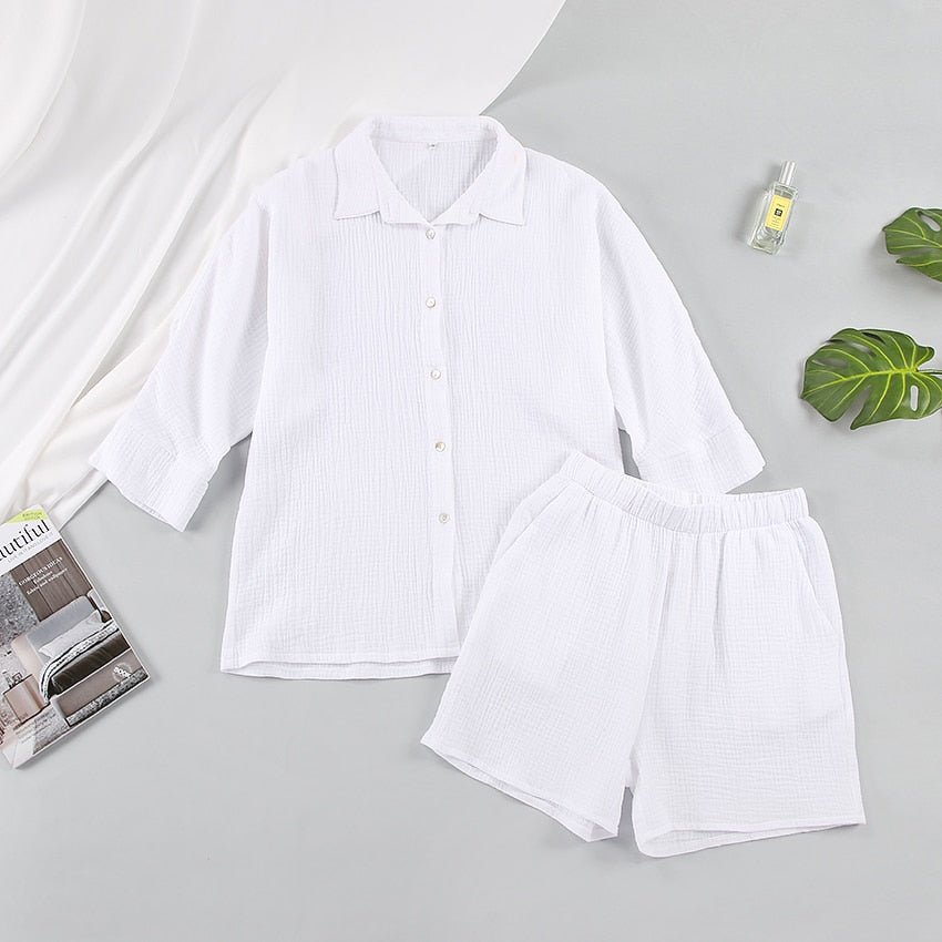 Casual Sleepwear Cotton Pajamas For Women Sets Suit Turn-Down Collar Nine Quarter Sleeve Sleep Tops Shorts Female Homewear - Linions