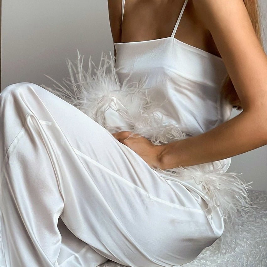 Chic Silk Pajamas for Women Feathers Sleepwear Sets with Pants Black Spaghetti Strap Home White Trouser Suits 2023 Loungewear - Linions