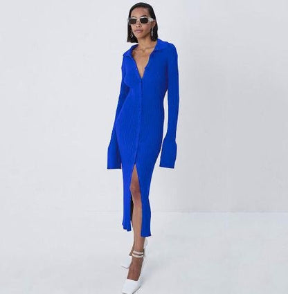 Clothes Women Maxi Knitted Sweater Dress Lady Elegant Turn Down Collar Midi Split Slim Long Sleeve Bodycon Long Dress 2022 - Linions