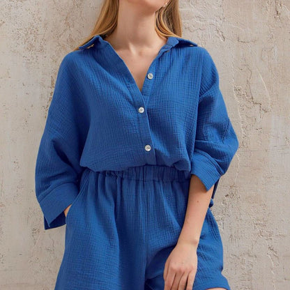 Cotton Summer Set For Women Sets Suit Casual Sleepwear Turn-Down Collar Nine Quarter Sleeve Tops Shorts Female Homewear 2023 - Linions