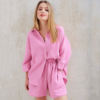 Cotton Summer Set For Women Sets Suit Casual Sleepwear Turn-Down Collar Nine Quarter Sleeve Tops Shorts Female Homewear 2023 - Linions