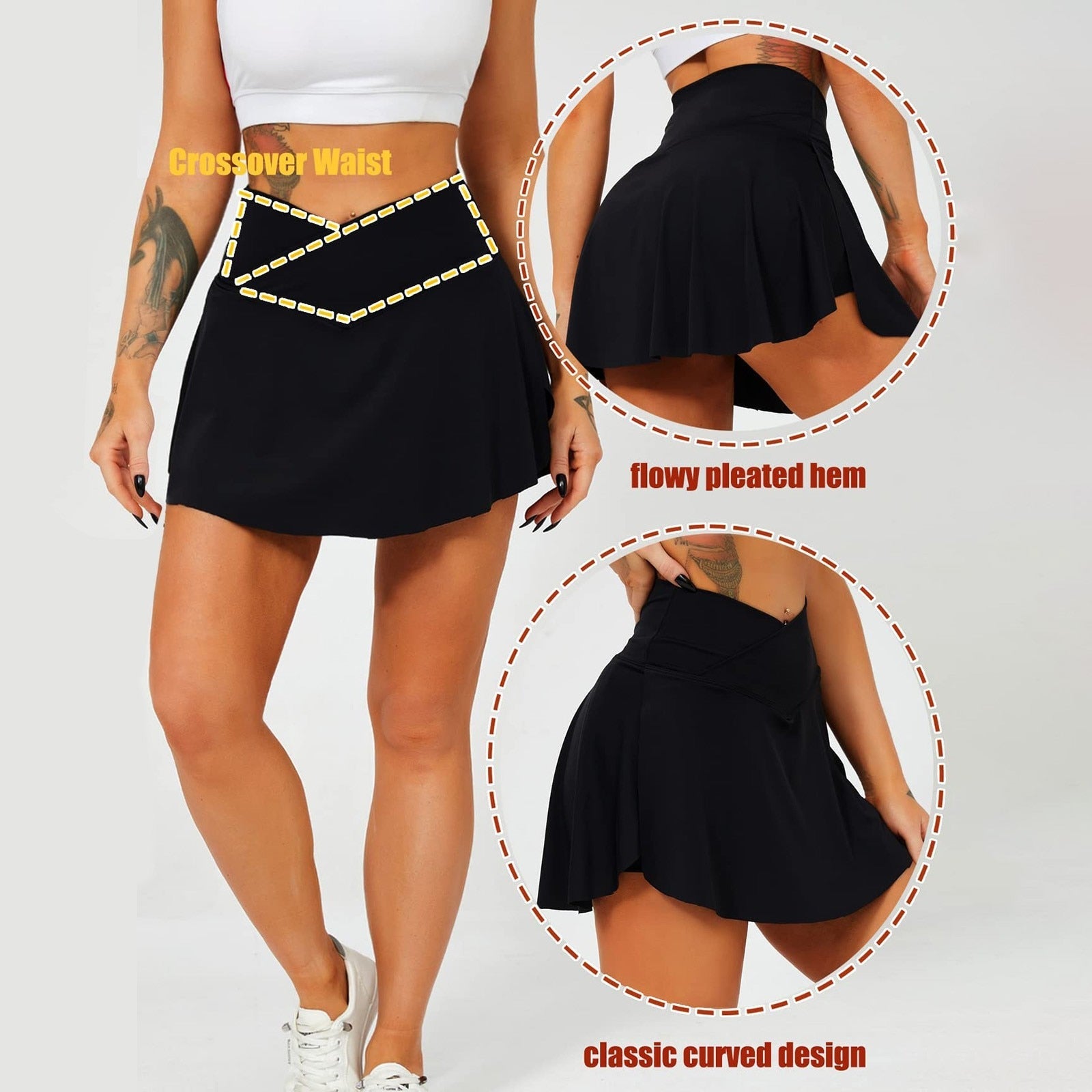 Women Pleated Tennis Skirt with Pockets Crossover High Waisted