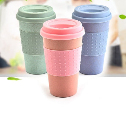 Eco-friendly Coffee Tea Cup Wheat Straw Travel Water Drink Mug with Silicone Lid Drinking Mugs - Linions