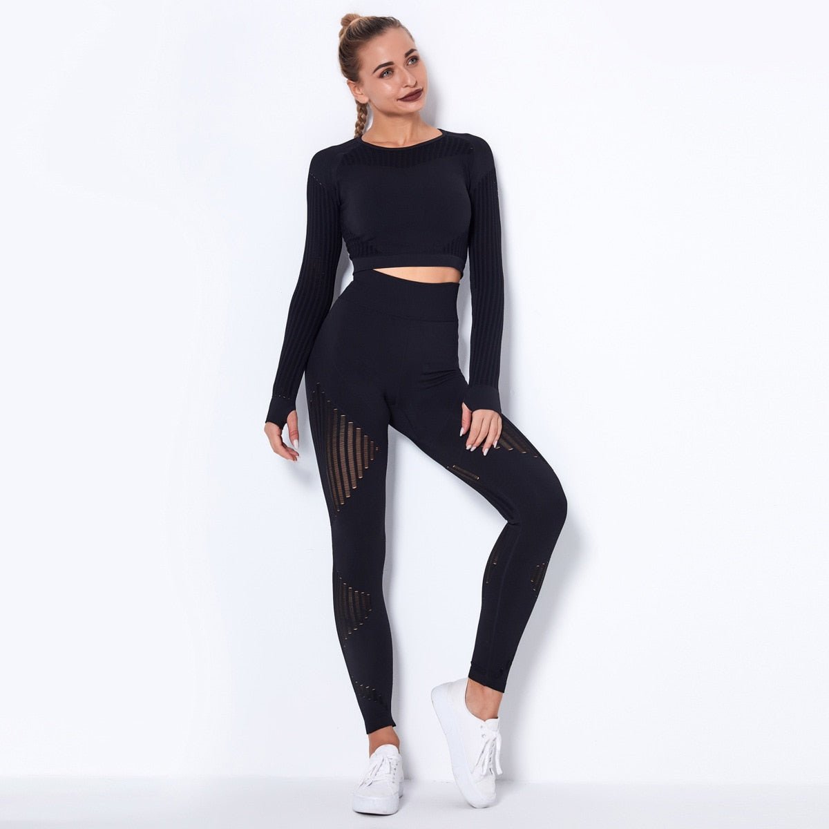 Hollow Out Seamless Yoga Set Sport Outfits Women Black Two 2 Piece
