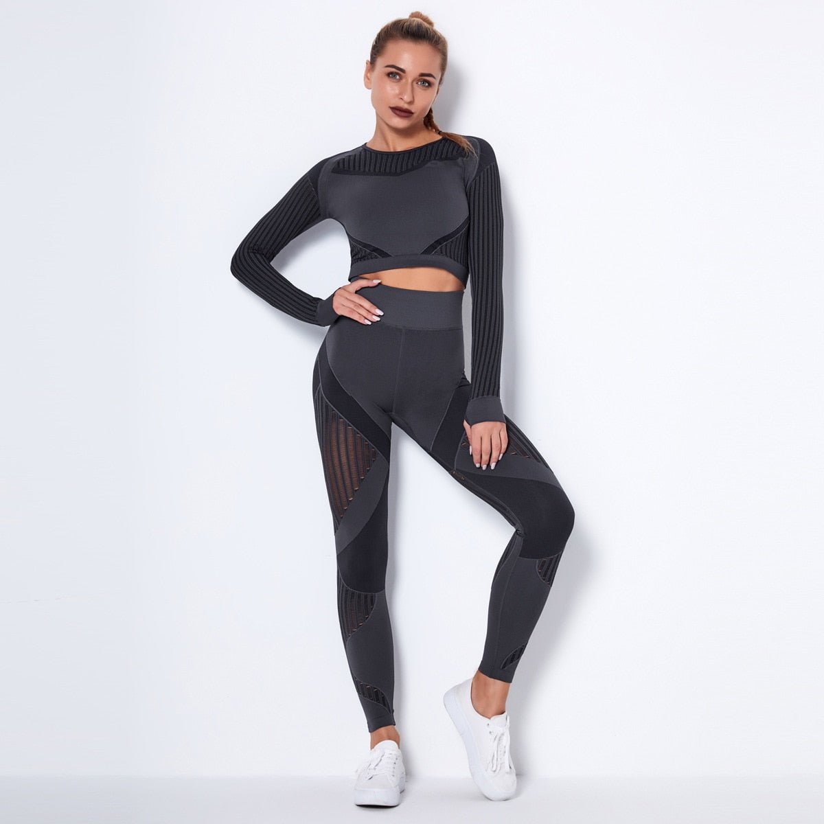 YWDJ 2 Piece Outfits for Women Dressy Ladies Seamless Hollow Yoga Long  Sleeve Yoga Suit Sports Fitness Running Yoga Set Black M 