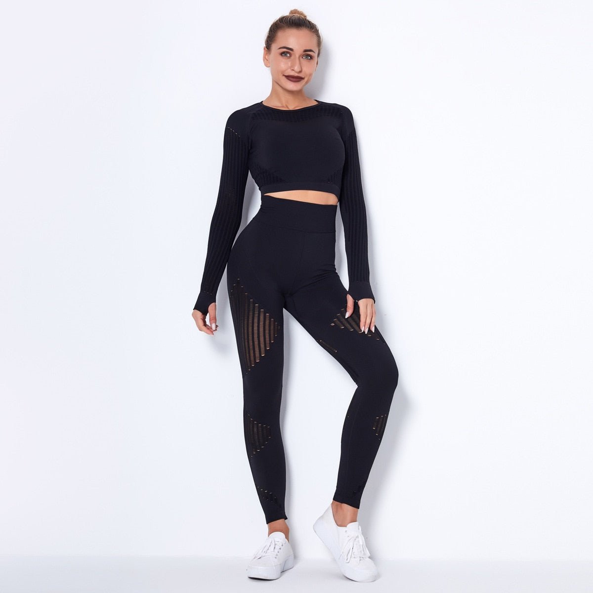 Hollow Out Seamless Yoga Set Sport Outfits Women Black Two 2 Piece Crop Top Bra Leggings Workout Gym suit Fitness Sport Sets - Linions