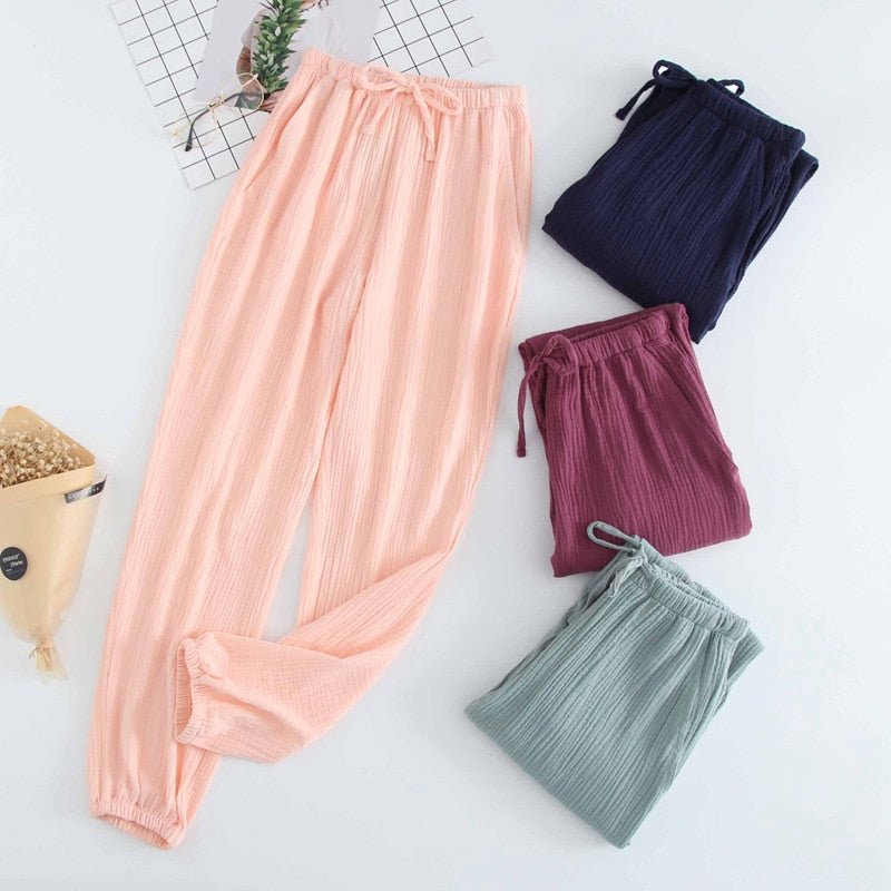 Japanese pajamas men and women spring and autumn home pants cotton washed double gauze loose comfortable trousers casual pants - Linions