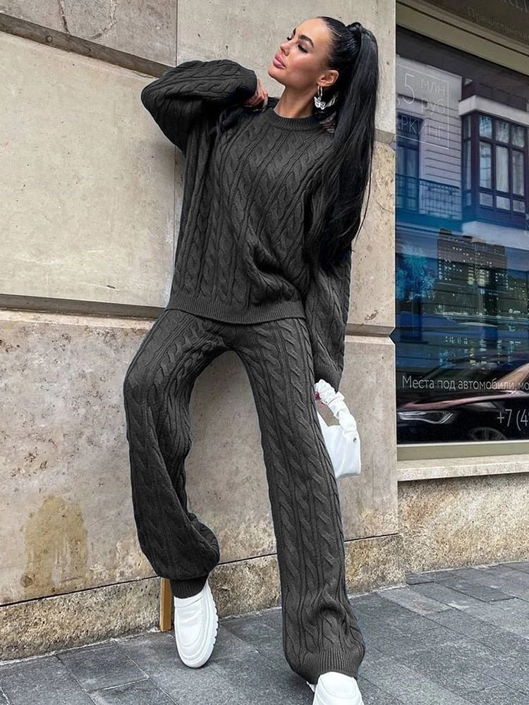 Two Piece Suit Ribbed Knitting Casual Off Shoulder Sweater Top & Pants Sets
