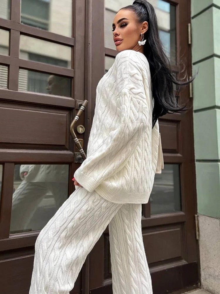 Knit Outfit Two Piece Sets Rib Loose Pullover Wide Legs Pants
