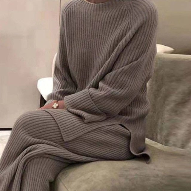Knitted Oversize O-Neck Sweater with Wide Leg Pants (Set) - Linions