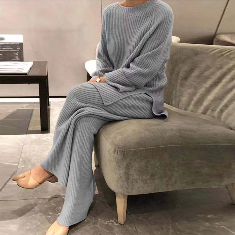 Knitted Oversize O-Neck Sweater with Wide Leg Pants (Set) - Linions