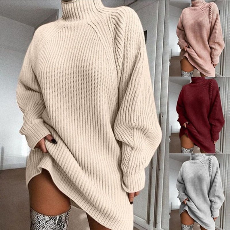 Knitted Oversized Turtleneck Dress (Long Sleeve) - Linions