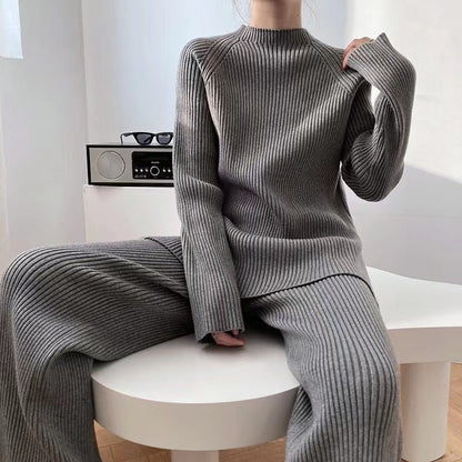 Knitted Sweater Suit (O-Neck Pullovers+Wide Leg Pants) - Linions