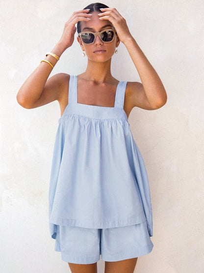Loose Outfit Set For Women 2 Piece Sets Blue Sleeveless Tank Top Female Casual Home Suits With Shorts 2023 Spring - Linions