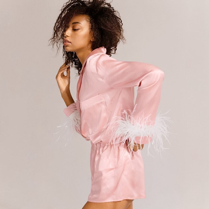 Luxury Women Satin Pajamas Set with Feather 2 Piece Pijama Long Sleeve Pyjamas Top with Pockets Spring Casual Silk Nightsuits - Linions
