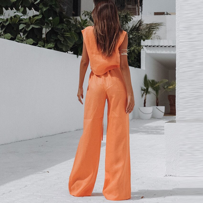 New Summer Cotton Linen Vest Set For Women Orange Sleeveless Cotton Elegant Homewear 2 Piece Outfit - Linions