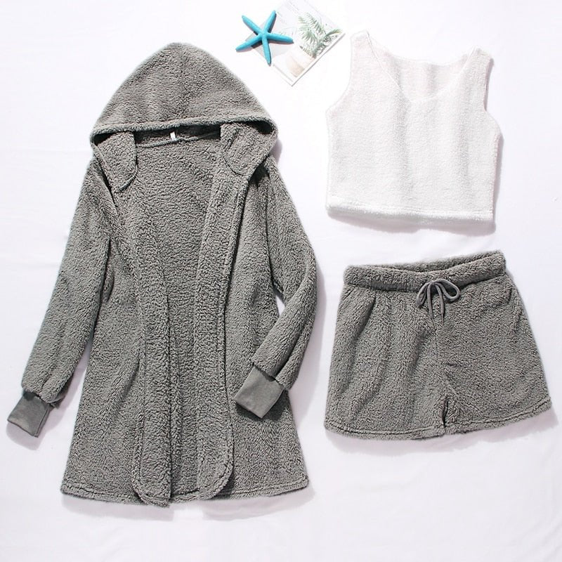 New Winter Women's Velvet Pajamas Set Crop Top+Shorts+Coat 3 Pieces Suit Warm Soft Fleece Homewear Pyjamas Loungewear S-3XL - Linions