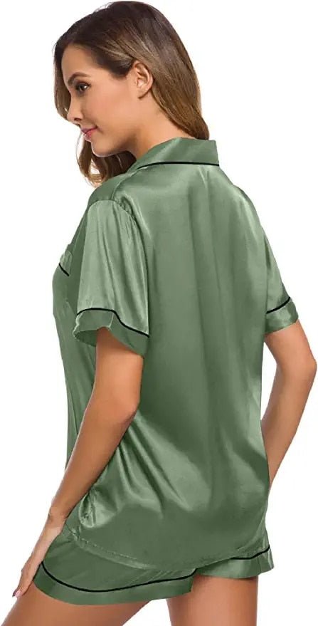 Women's Emerald Green Satin Pyjamas Short Sleeve Shorts Set, Size: XS-XL,  White Piping– Big Bertha Original UK