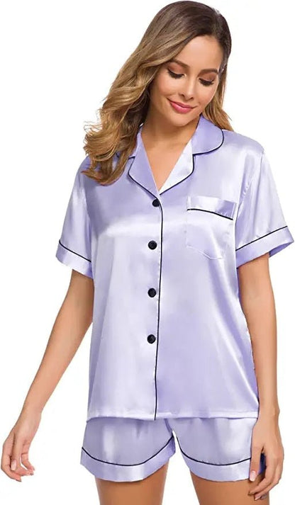 Satin Pajamas Women's Short Sleeve Sleepwear Soft Silk Button Down Loungewear Pjs Shorts Set S-XXL - Linions