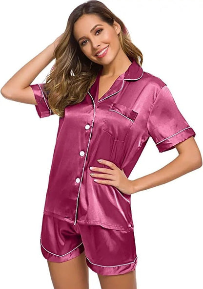 Satin Pajamas Women's Short Sleeve Sleepwear Soft Silk Button Down Loungewear Pjs Shorts Set S-XXL - Linions