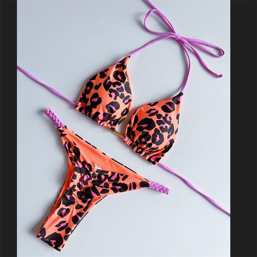 2023 Sexy Orange Leopard Micro Bikini  Push-Up Padded Thong Swimsuit –  Linions