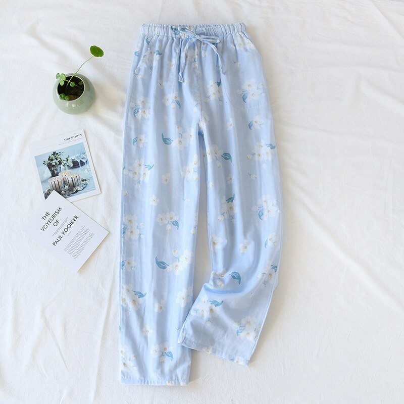 Sleep Bottoms Women Home Pants Autumn Printed Pajamas Pants Cotton Female Drawstring Wide Leg Trousers Loose Lounge Wear - Linions