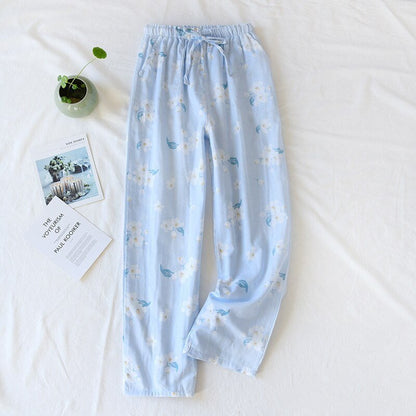 Sleep Bottoms Women Home Pants Autumn Printed Pajamas Pants Cotton Female Drawstring Wide Leg Trousers Loose Lounge Wear - Linions