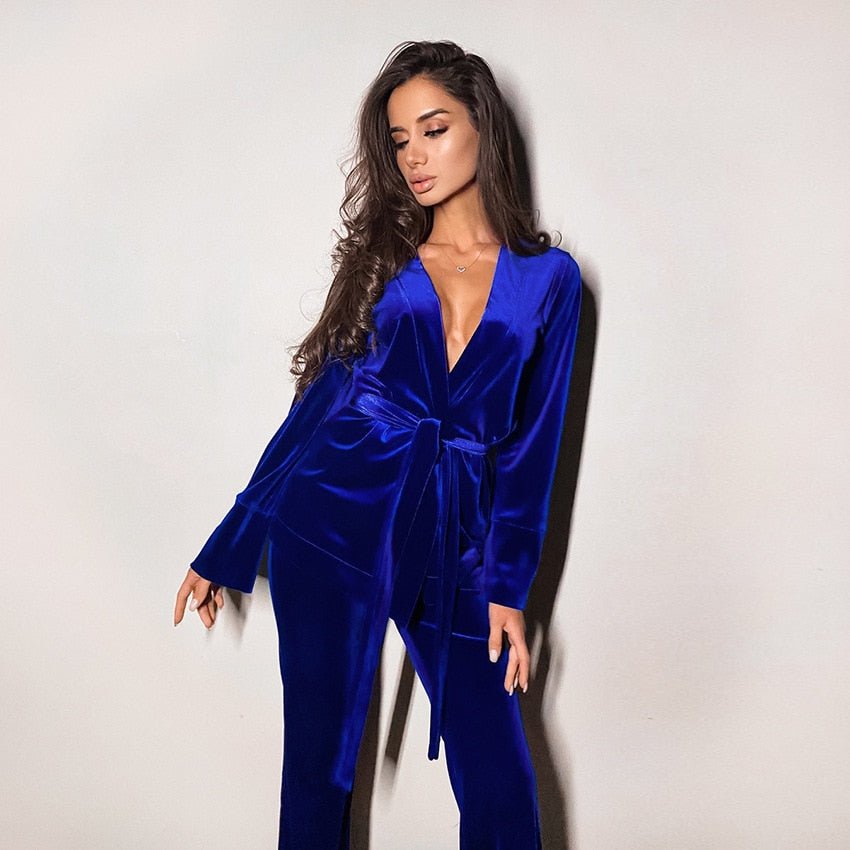 Solid Color Velvet Blue Warm Autumn and Winter Women's Pajamas Dressing Gown V-neck Suit Home Service Loungewear Pajama Set - Linions