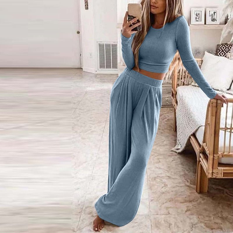 Solid Knitted Casual Home Wear Set (Slim Top, Wide Leg Pants) - Linions